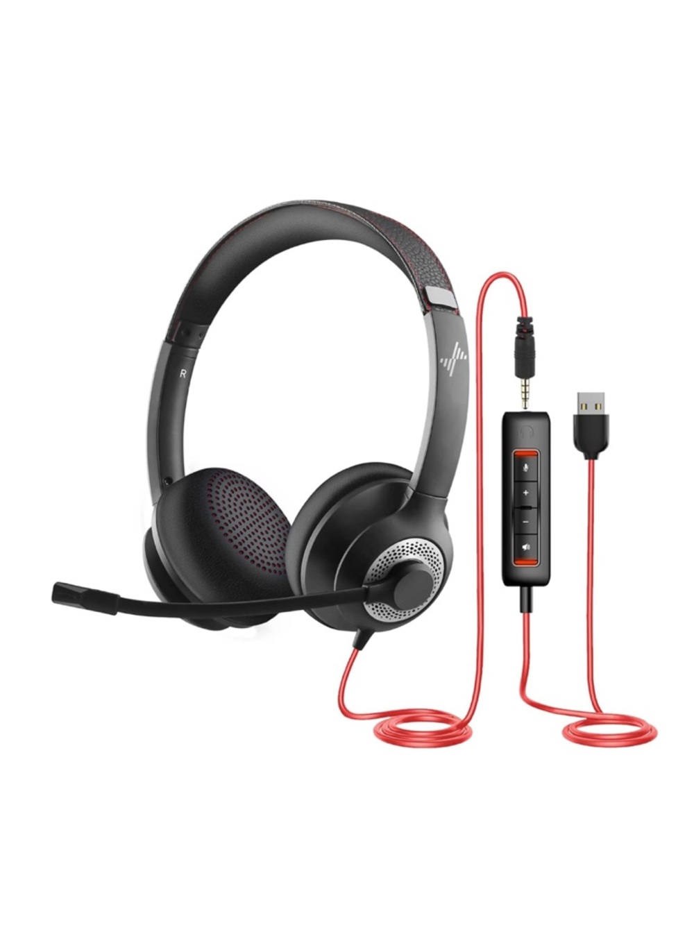 USB Headset wMicrophone for PC On Ear Computer Laptop Headphones USB+3.5mm BLK